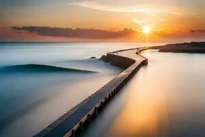 a long exposure photograph of a pier at sunset. AI-Generated photo