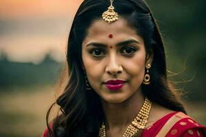 a beautiful indian woman in a red sari. AI-Generated photo