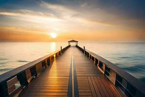 a wooden pier leads to the ocean at sunset. AI-Generated photo