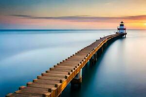 un largo exposición fotografía de un faro a puesta de sol. generado por ai foto