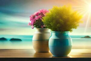 two vases with flowers on a table in front of the ocean. AI-Generated photo