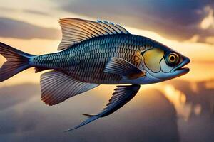 un pescado es volador terminado el agua a puesta de sol. generado por ai foto