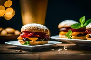 two small plates with burgers and beer. AI-Generated photo