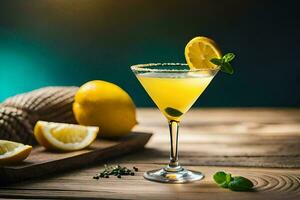 a cocktail with lemon and mint on a wooden table. AI-Generated photo