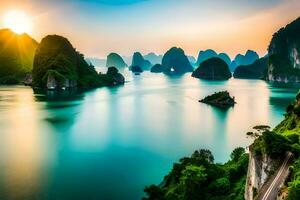 the sun is setting over the water in halong bay. AI-Generated photo