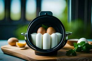 huevos en un huevo Horno en un corte tablero. generado por ai foto