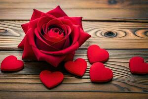 a red rose surrounded by hearts on a wooden table. AI-Generated photo
