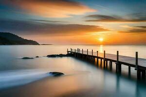 a long exposure photograph of a pier in the ocean. AI-Generated photo