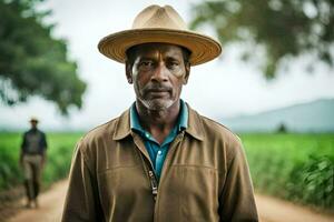 a man in a hat stands in a dirt road. AI-Generated photo