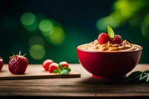 a bowl of yogurt with strawberries and mint leaves. AI-Generated photo