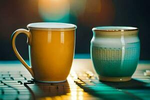 two coffee cups sitting on a keyboard. AI-Generated photo