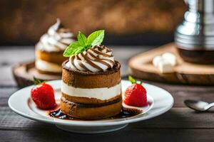 un postre con azotado crema y fresas en un blanco lámina. generado por ai foto