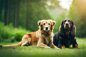 two dogs sitting on the grass in the forest. AI-Generated photo