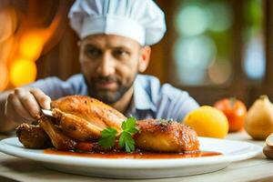 a chef holding a plate with chicken on it. AI-Generated photo