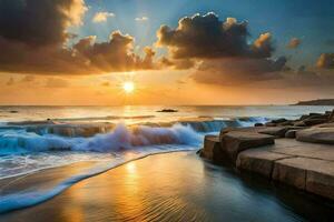 the sun rises over the ocean and waves crashing on the shore. AI-Generated photo