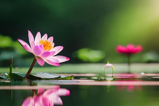 rosado loto flor en el agua con verde hojas. generado por ai foto