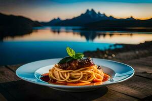 un plato de espaguetis con carne y salsa en un de madera mesa en frente de un lago. generado por ai foto