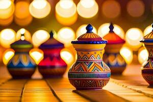 colorful diyas on a table with candles in the background. AI-Generated photo
