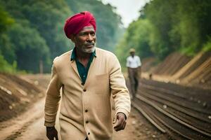 a man in a turban walking on a train track. AI-Generated photo