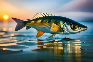 un pescado es flotante en el agua a puesta de sol. generado por ai foto