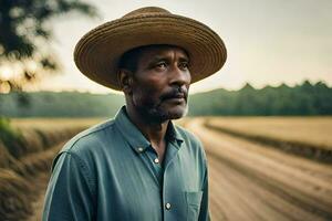 a man wearing a hat stands in a field. AI-Generated photo