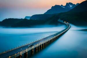 un largo puente con niebla y montañas en el antecedentes. generado por ai foto