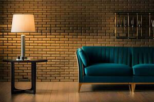 un azul sofá y lámpara en frente de un ladrillo pared. generado por ai foto