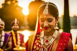 indian bride in traditional attire at sunset. AI-Generated photo