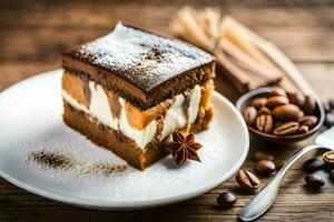 chocolate pastel con crema y café frijoles en un de madera mesa. generado por ai foto