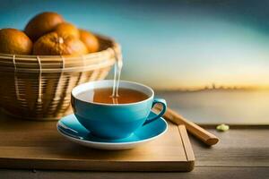 el té taza y platillo son metido en un de madera mesa con un cesta de naranjas en el. generado por ai foto