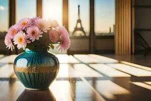 a vase with pink flowers sitting in front of the eiffel tower. AI-Generated photo