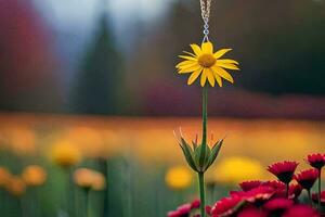 un amarillo flor es colgando desde un collar en un campo. generado por ai foto