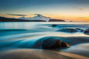 a long exposure photograph of waves crashing on rocks at sunset. AI-Generated photo