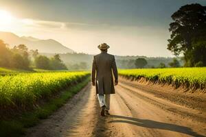 a man in a suit walks down a dirt road. AI-Generated photo