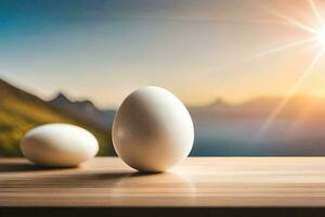 two eggs on a table with mountains in the background. AI-Generated photo