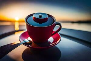 a red cup sits on a saucer with a spoon and a knife. AI-Generated photo