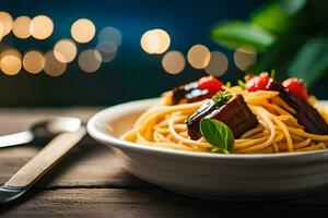 spaghetti with meat and vegetables in a bowl. AI-Generated photo