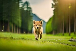 a fox running through a field of green grass. AI-Generated photo