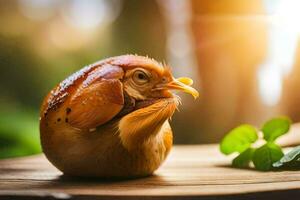 a small bird sitting on top of a wooden table. AI-Generated photo