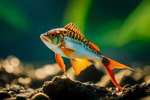 un pescado con naranja y blanco aletas en pie en el suelo. generado por ai foto