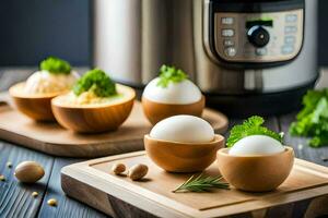 an instant pot with eggs and herbs. AI-Generated photo