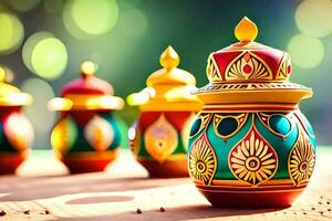 colorful diyas on a table with a green background. AI-Generated photo