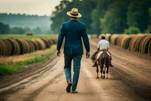 un hombre en un traje y sombrero caminando abajo un suciedad la carretera con un caballo. generado por ai foto