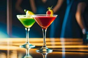 two colorful cocktails sit on a table. AI-Generated photo