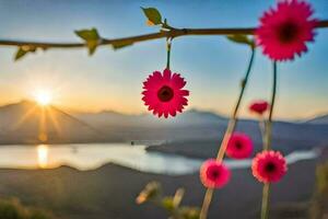 pink flowers hanging from a branch with a lake in the background. AI-Generated photo