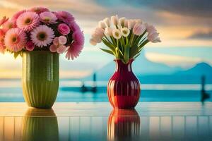 two vases with flowers sitting on a table in front of a sunset. AI-Generated photo