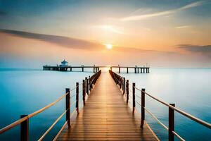 a pier with a lighthouse at sunset. AI-Generated photo