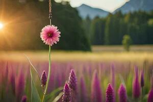a pink flower stands in the middle of a field. AI-Generated photo
