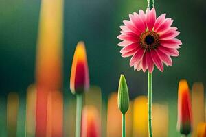 a pink flower is standing in front of a field of green flowers. AI-Generated photo