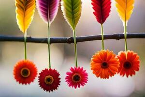 colorful flowers hanging from a branch. AI-Generated photo